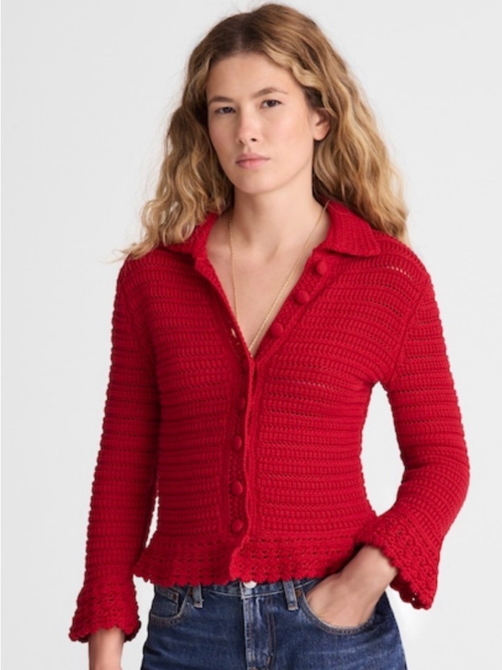 New! Madewell Pointelle-Knit Peplum Cardigan. Red